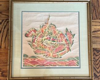 Vintage Raised Tibetan Temple Deity Rubbing in Gilt Bamboo Frame. Measures 25" W x 25" H. Photo 1 of 2.