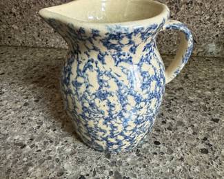 Blue & Cream Roseville Pottery Spongeware Pitcher. Photo 1 of 2.
