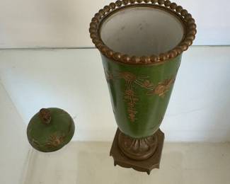 Lidded Green Hand-Painted Lidded Vase on Brass Base. Made In France. Photo 2 of 3.