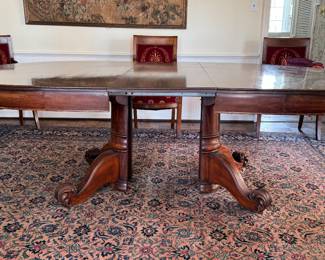 Antique Pedestal Extension Dining Table. Measures 72" As Shown With 17" Leaf. It's 52" W x 29" H with 25" Clearance. Extends to 123” With Three Additional 17" Leaves. Photo 1 of 5.
