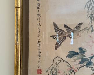 Antique Chinese Watercolor. Framed in Gilt Faux Bamboo Frame. Measures 26" x 55" including Frame. Photo 2 of 2.