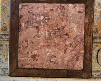 Antique Carved Elmwood and Marble Top Side Table. Measures 17" x 17" x 26" H. Photo 2 of 2.