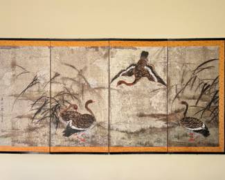 Vintage Chinese 4-Panel Screen Painting of Geese. Photo 1 of 3.