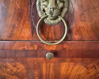 Antique Neoclassical Flame Mahogany Grand Buffet with Carrara Marble Top, Hidden Pull Out Tray and Brass Ormolu. Measures 65" W x 22" D x 38" H. Photo 7 of 9.