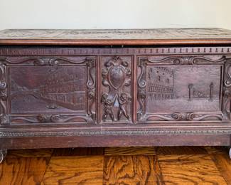 Antique Walnut Blanket Chest with Hand-Carved Venice Murals. Measures 49" W x 18" D x 21" H. Photo 1 of 3.