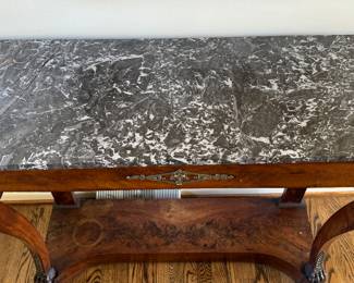 Regency Mahogany Console with Marble Top & Brass Ormolu (Top Does Have Crack). Measures 45" x 16" D x 36" H. Photo 2 of 7.