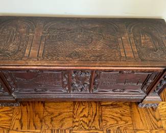 Antique Walnut Blanket Chest with Hand-Carved Venice Murals. Measures 49" W x 18" D x 21" H. Photo 2 of 3.