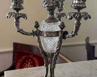 Pair of Ornate Three Arm Candelabras on Alabaster Bases. Photo 1 of 2.