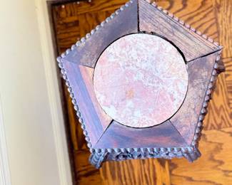 Antique Hand-Carved Elmwood Side Table / Plant Stand With Marble Top. Measures 13" W x 18" H. Photo 2 of 2.