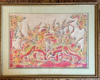 Vintage Raised Tibetan Temple Deity Rubbing in Gilt Bamboo Frame. Measures 38" W x 29" H. Photo 1 of 2.