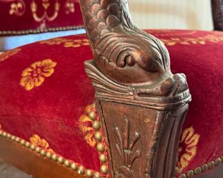 Pair of Antique Velvet Upholstered Arm Chairs with Hand-Carved Dolphin Arm Rests. 18" Seat Height. Photo 4 of 5.