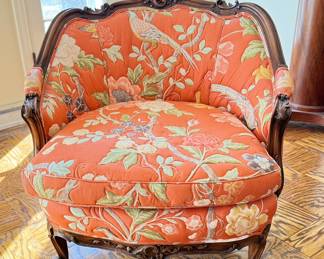 Antique Quilted Floral Upholstered Hand-Carved Victorian Tub Chair. Mahogany Frame & Down-Filled Cushion. Measures 30" W x 31" D. Photo 1 of 4.
