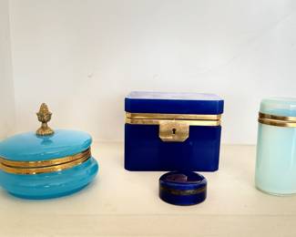 Cobalt Italian Opaline Box with Brass Detail. Pale Blue Murano Opaline Lidded Jar.