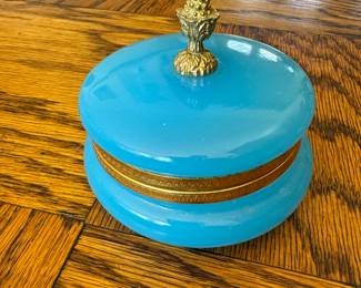 Blue Opaline Glass Lidded Powder / Dresser Jar with Brass Ornamentation.