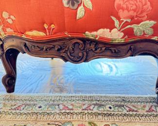 Antique Quilted Floral Upholstered Hand-Carved Victorian Sofa. Mahogany Frame. Measures 72" W x 32" D. Photo 4 of 4.