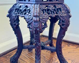 Antique Hand-Carved Elmwood Side Table / Plant Stand With Marble Top. Measures 13" W x 18" H. Photo 1 of 2.