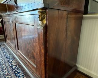 Antique Neoclassical Flame Mahogany Grand Buffet with Carrara Marble Top, Hidden Pull Out Tray and Brass Ormolu. Measures 65" W x 22" D x 38" H. Photo 4 of 9.