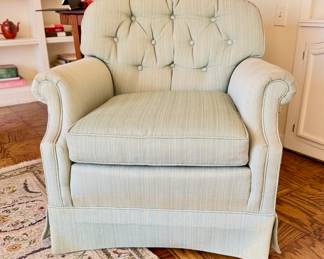 Pair of Vintage Baker Furniture Skirted Club Chairs with Down Filled Cushions. Each Measures 32" W x 34" D. Photo 1 of 3.