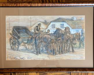Jan Ezram Kotowski, Pencil & Pastel of Horse & Carriage. Signed By Artist. Photo 1 of 2.
