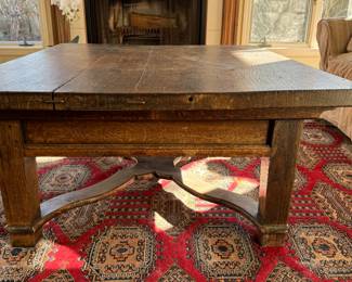 Vintage Oak Cocktail Table. Measures 43" x 43" x 19" H.