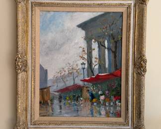 Untitled Painting of Flower Market. Oil on Canvas. Signed L. Thely. Measures 13.5" x 17"; 21" x 25" with Frame. Photo 1 of 2.