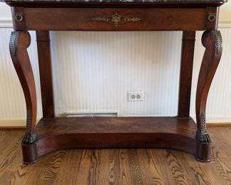 Regency Mahogany Console with Marble Top & Brass Ormolu (Top Does Have Crack). Measures 45" x 16" D x 36" H. Photo 1 of 7.
