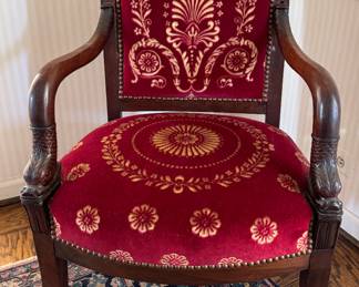 Pair of Antique Velvet Upholstered Arm Chairs with Hand-Carved Dolphin Arm Rests. 18" Seat Height. Photo 1 of 5.