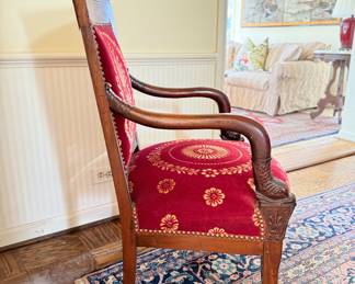 Pair of Antique Velvet Upholstered Arm Chairs with Hand-Carved Dolphin Arm Rests. 18" Seat Height. Photo 2 of 5.