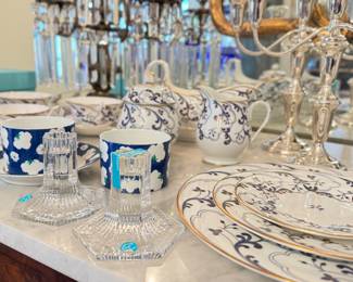 Pair of Tiffany & Co Nichimen's 100th Anniversary Porcelain Tea Cups (2) and Saucer (1). Sterling Silver Candelabras.