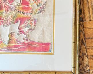 Vintage Raised Tibetan Temple Deity Rubbing in Gilt Bamboo Frame. Measures 44" W x 31.5" H. Photo 2 of 2.