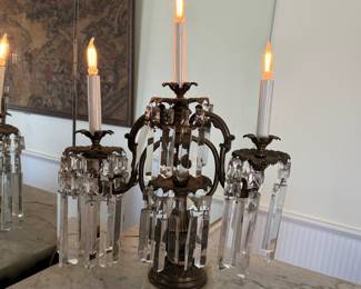 Antique Three Arm Candelabra (Brass & Crystal) Converted to Table Lamp. Mounted on Carrara Marble Base. Two Available; One Pictured.