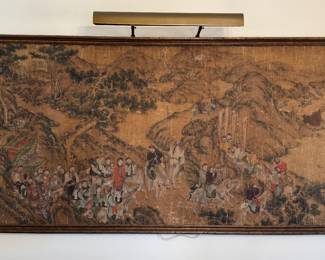 Antique Asian Watercolor on Silk Depicting Hunting Scene. Stamped by Artist. Measures 67" W x 36" H.