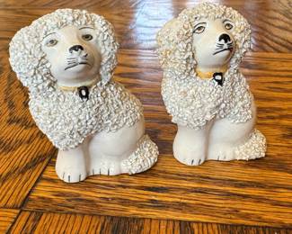 Vintage Early 20th Century Petite Pair of White Staffordshire Poodles. Photo 1 of 2.