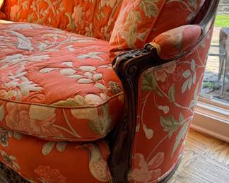 Antique Quilted Floral Upholstered Hand-Carved Victorian Sofa. Mahogany Frame. Measures 72" W x 32" D. Photo 2 of 4.