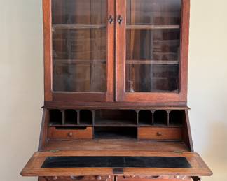 Vintage Leather Top Drop-Front Secretary / Book Case. Measures 44" W x 20" D x 95" H With Victorian / Art Deco Touches. Photo 1 of 3.
