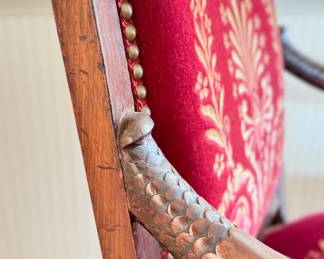 Pair of Antique Velvet Upholstered Arm Chairs with Hand-Carved Dolphin Arm Rests. 18" Seat Height. Photo 5 of 5 .