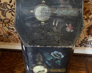 Antique Tole Coal Scuttle with Feet & Asian Motif. Photo 1 of 3.