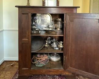 Antique Medium-Size Walnut Cabinet with Interior Shelves and Brass Hardware. Measures 45" W x 19" D x 49" H. Photo 2 of 3.