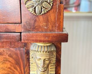 Antique Neoclassical Flame Mahogany Grand Buffet with Carrara Marble Top, Hidden Pull Out Tray and Brass Ormolu. Measures 65" W x 22" D x 38" H. Photo 6 of 9.