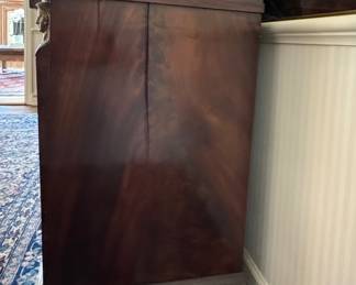 Antique Neoclassical Flame Mahogany Grand Buffet with Carrara Marble Top, Hidden Pull Out Tray and Brass Ormolu. Measures 65" W x 22" D x 38" H. Photo 5 of 9.