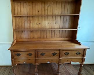 Vintage Oak Step-Back Open Hutch / Cupboard With Three Drawers and Lower Shelf. Measures 66” W x 20” D x 80” H.