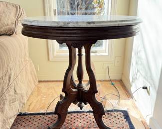 Carrara Marble Top Victorian Side Table. Measures 27" x 22" x 29" H. Photo 1 of 2.
