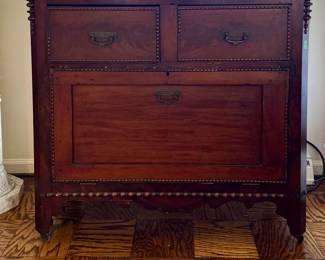Antique Mahogany Side Table with Brass Pulls. Measures 41” W x 18” D x 37.5” H.