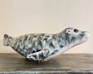 Glazed Porcelain Baby Harbor Seal Sculpture. Photo 2 of 2.