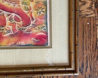 Vintage Raised Tibetan Temple Deity Rubbing in Gilt Bamboo Frame. Measures 38" W x 29" H. Photo 2 of 2.