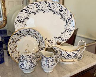 Tiffany & Co. Hand-Painted Valse Bleue Bone China Serving Pieces - Platter, Round Bowl, Gravy Boat & Underplate, Cream & Sugar.
