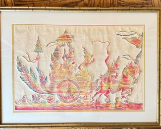 Vintage Raised Tibetan Temple Deity Rubbing in Gilt Bamboo Frame. Measures 44" W x 31.5" H. Photo 1 of 2.