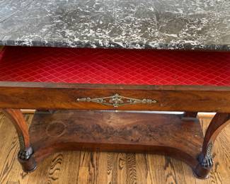 Regency Mahogany Console with Marble Top & Brass Ormolu (Top Does Have Crack). Measures 45" x 16" D x 36" H. Photo 7 of 7.