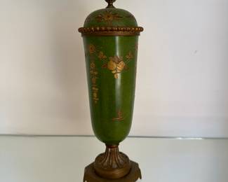 Lidded Green Hand-Painted Lidded Vase on Brass Base. Made In France. Photo 1 of 3.