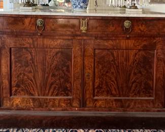 Antique Neoclassical Flame Mahogany Grand Buffet with Carrara Marble Top, Hidden Pull Out Tray and Brass Ormolu. Measures 65" W x 22" D x 38" H. Photo 1 of 9.